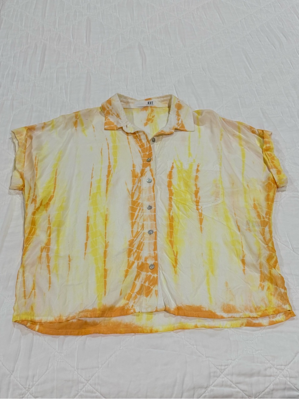 Kut from the Kloth Yellow and Orange Tie-Dye Short Sleeve Button Down